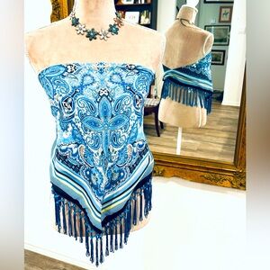 Silky paisley print boho gypsy festival scarf top with fringe